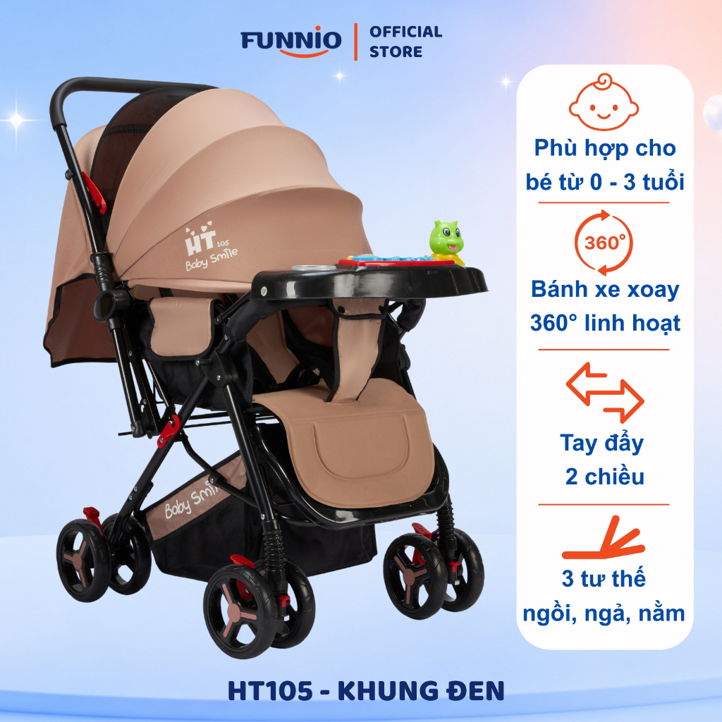 Xe đẩy cho bé Funnio HT105 khung đen, xe đẩy gấp gọn điều chỉnh 3 tư thế, có giảm sóc, khóa bánh an 