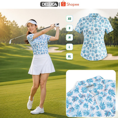 Áo Polo Thể Thao Nữ Deluca Họa Tiết Lá Cây Cổ Sơ Mi Khóa Kéo Co Giãn Thoáng Mát Chơi Golf Pickleball