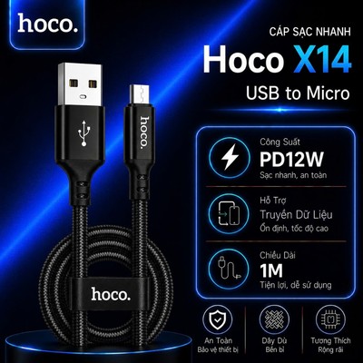 Cáp sạc nhanh PD12W USB to Micro Hoco X14 hỗ trợ truyền dữ liệu dành cho Android phone, dài 1m/2m