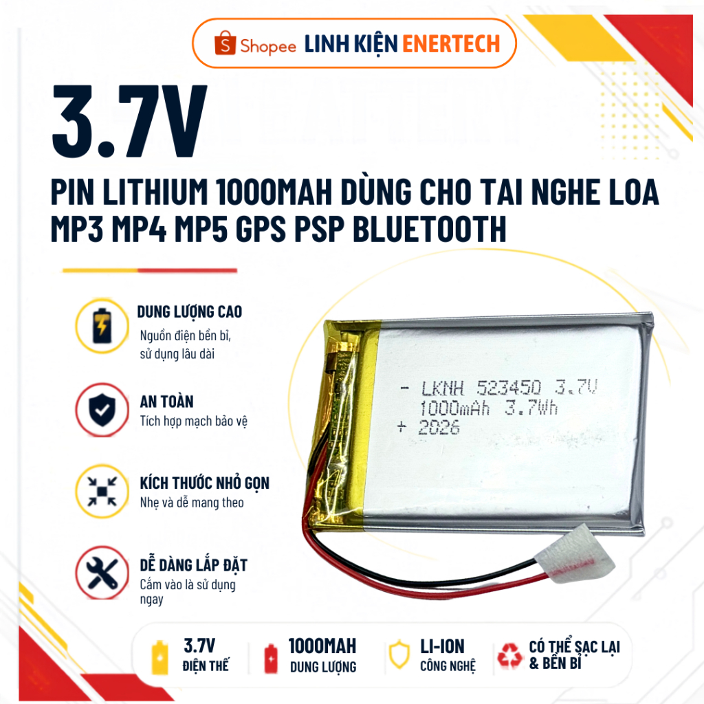 523450 Pin Lithium 3.7V 1000mah Dùng Cho Tai Nghe Loa Mp3 MP4 MP5 GPS PSP Bluetooth - Pin sạc Li-Po 
