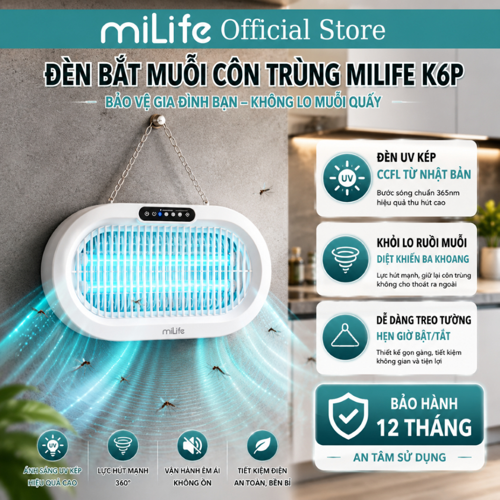 Đèn bắt muỗi thông minh miLife K6P ruồi, kiến ba khoang