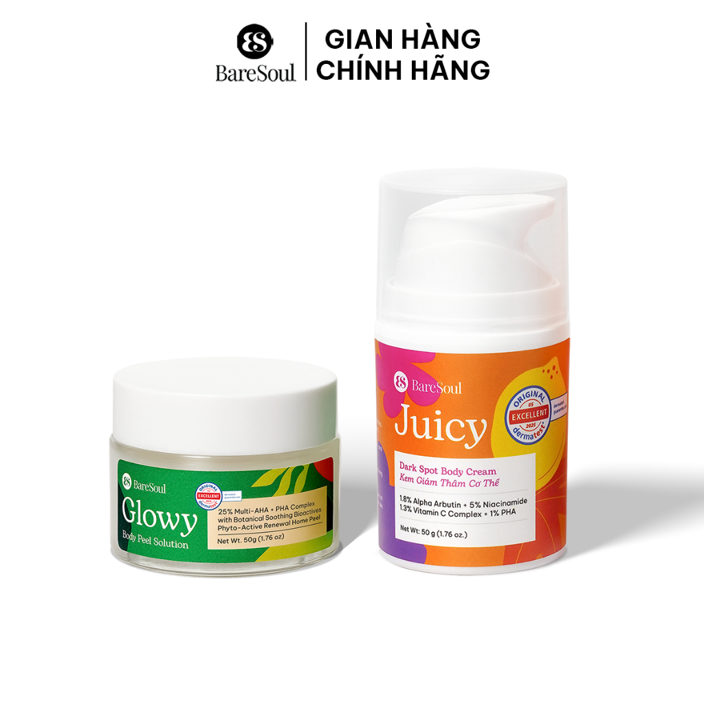 [LIVE] [TẶNG CỌ] COMBO Peel Glowy 50g, kem dưỡng Juicy 50g giúp làm sáng, giảm thâm mông, nách, biki