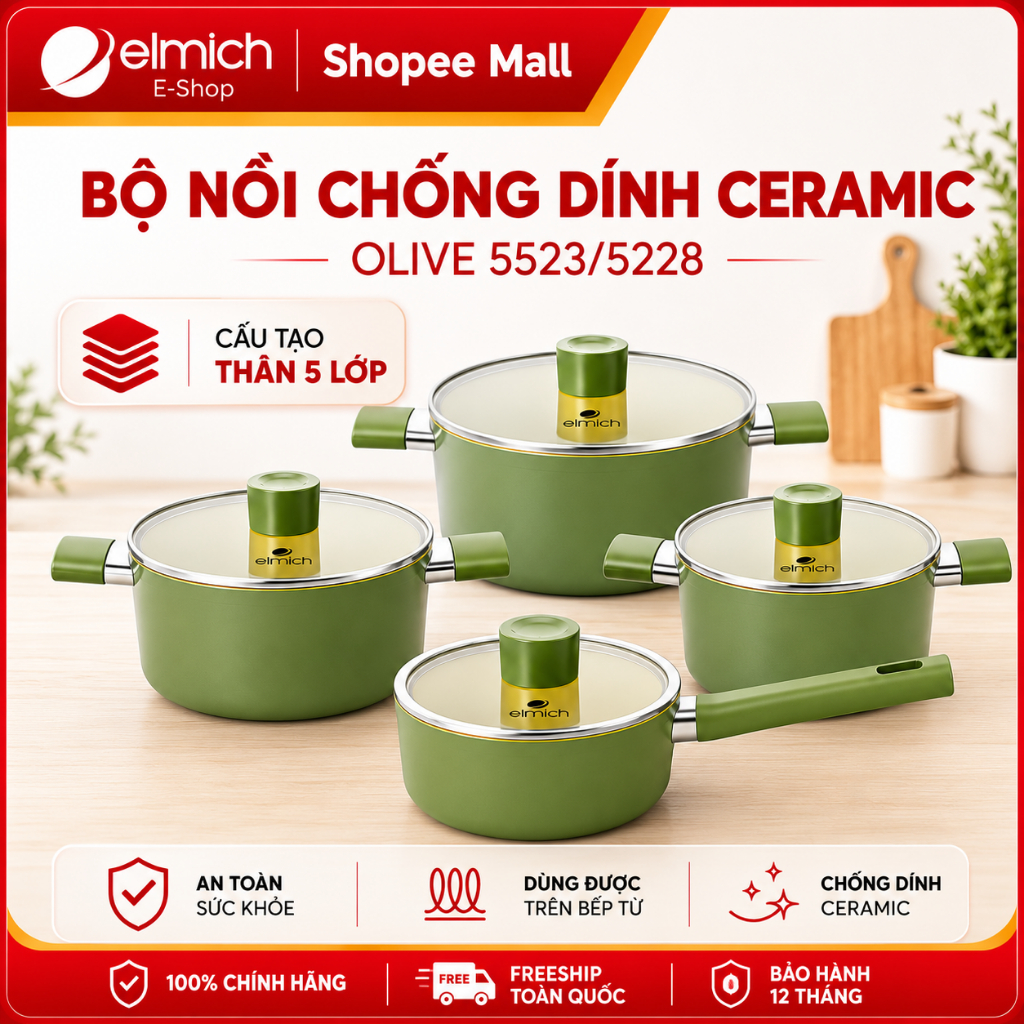 Bộ Nồi Chống Dính Ceramic Elmich Olive Cao Cấp | An Toàn Sức Khỏe, Dùng Bếp Từ, Elmich Chính Hãng