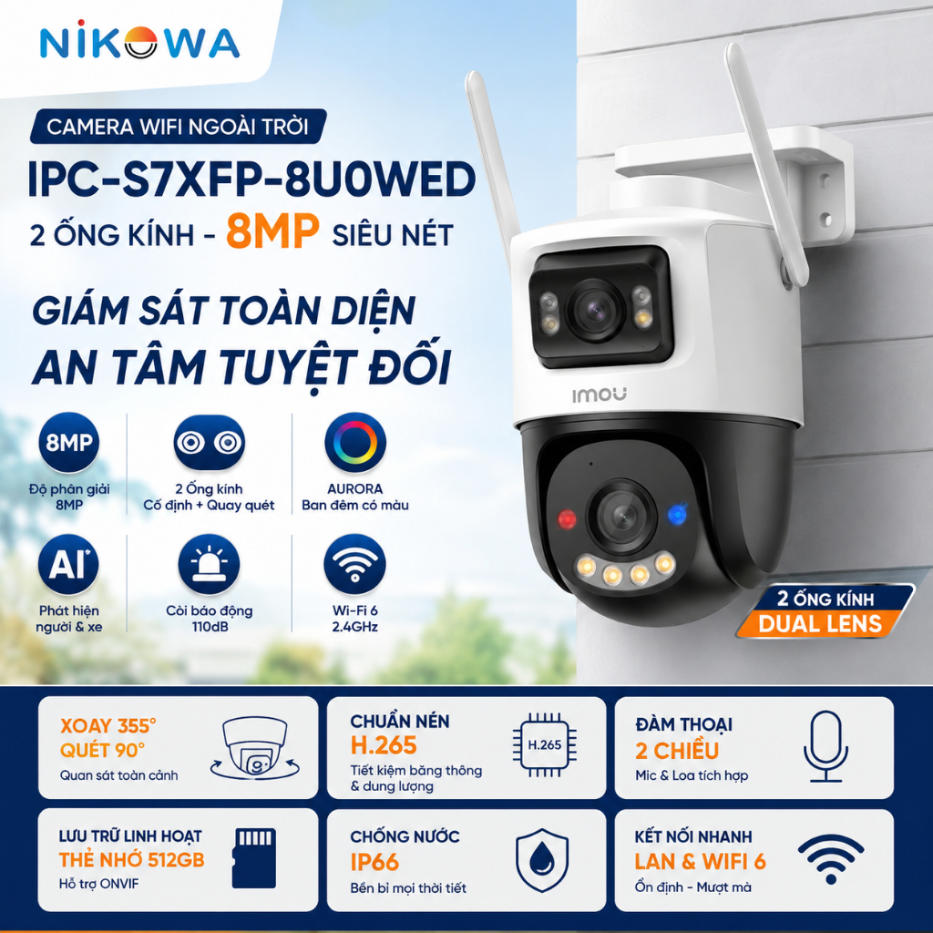 Camera Wifi Ngoài Trời IMOU IPC-S7XFP-8U0WED 8MP AURORA 2 Ống Kính Dual Lens AI; Quay Quét 355°