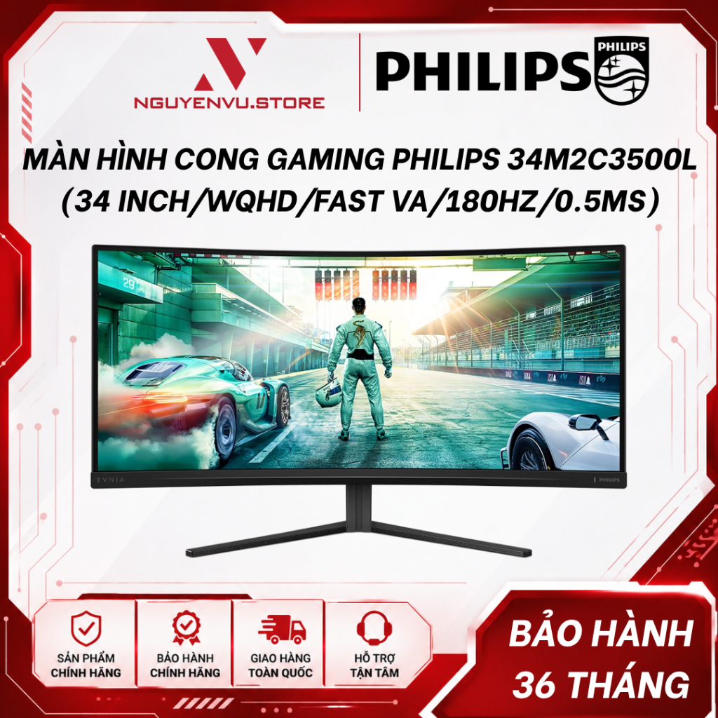 Màn hình Cong Gaming PHILIPS 34M2C3500L (34 inch/WQHD/Fast VA/180Hz/0.5ms/1500R) - CHÍNH HÃNG