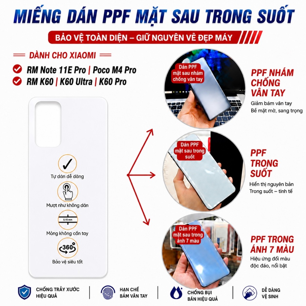 Miếngdán PPF mặt sau siêu dính DànhCho Redmi Note 11E Pro Poco M4 Pro Redmi K60 Ultra K60 Pro trong 