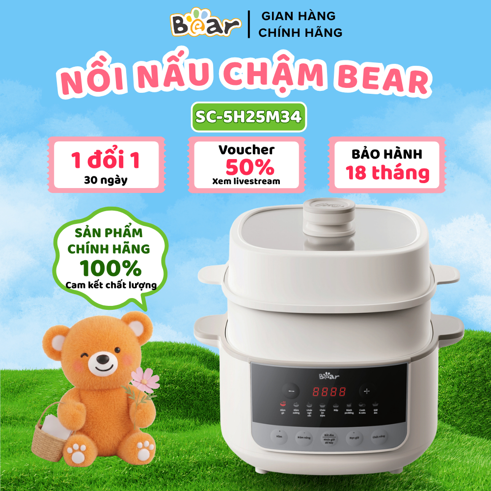 Nồi Nấu Chậm Bear 2.5L SC-5H25M34 Lõi Sứ Cao Cấp Nồi Ninh Hầm Cách Thủy Cho Gia Đình Chính Hãng