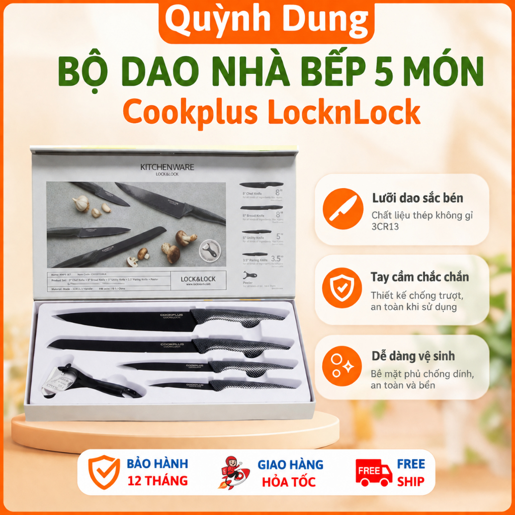 Bộ Dao Nhà Bếp 5 Món Cookplus LocknLock CKK101S5BLK – Lưỡi Dao Phủ Lớp Sứ Chống Dính, Kèm Hộp Đựng D