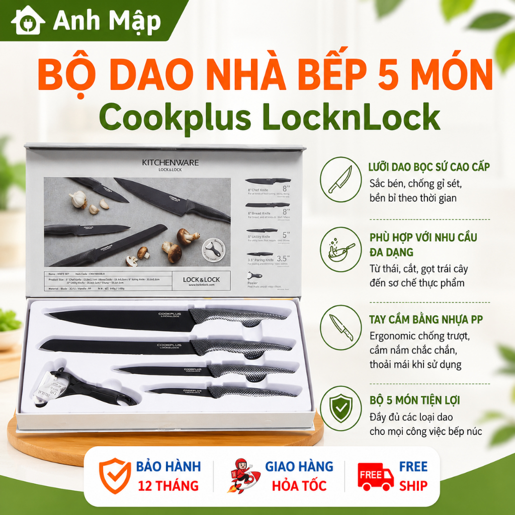 Bộ Dao Nhà Bếp 5 Món Cookplus LocknLock CKK101S5BLK – Lưỡi Dao Phủ Lớp Sứ Chống Dính, Kèm Hộp Đựng D