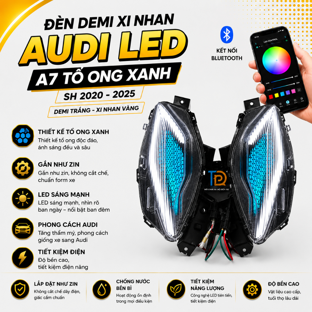 Đèn Demi Xi Nhan SH 2020-2025 Audi LED A7 Tổ Ong Xanh Băng Gắn Zin Cho SH Bảo Hành 12 Tháng