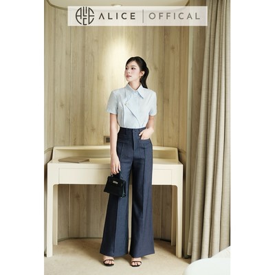 Set Công Sở Thanh Lịch Alice Áo Chất Tơ Hàn Màu Xanh Mint Cổ Sơ Mi Tay Ngắn Phối Quần Bò Ống Suông Mềm Mịn S1121