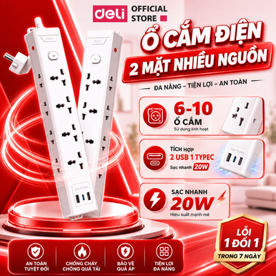 Ổ Cắm Điện 2 Mặt Deli Công suất 2500W Ổ Điện Nhiều Ổ Cắm 8-10 Ổ Treo Tường Tích Hợp USB TypeC Sạc Nhanh 20W