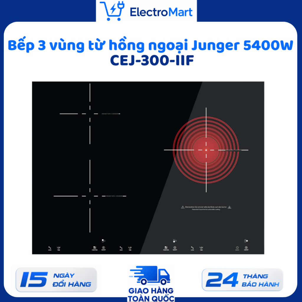 CEJ-300-IIF Bếp 3 vùng từ hồng ngoại Junger 5400W kính Schott Ceran Chính Hãng