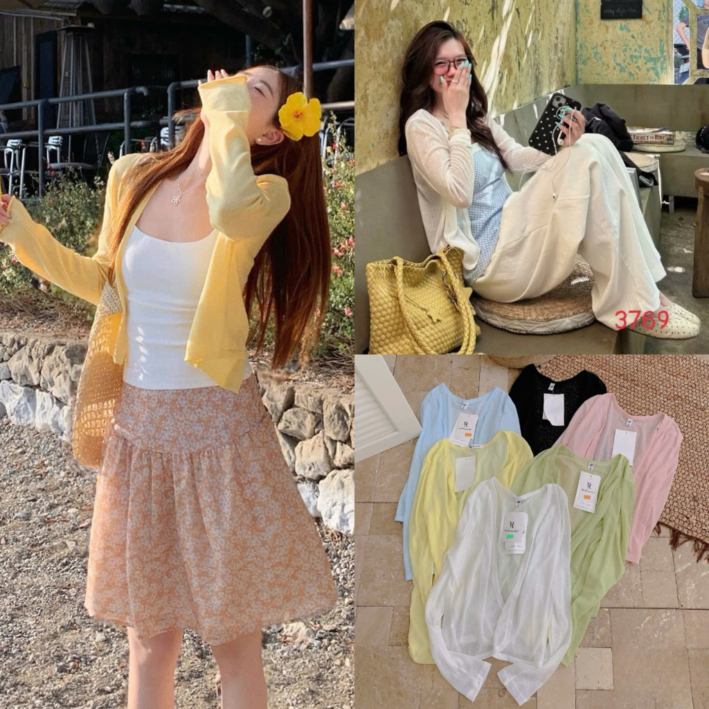 Áo Cardigan Thun Giấy Mỏng Dáng Vát Cong Tay Dài, Labibi