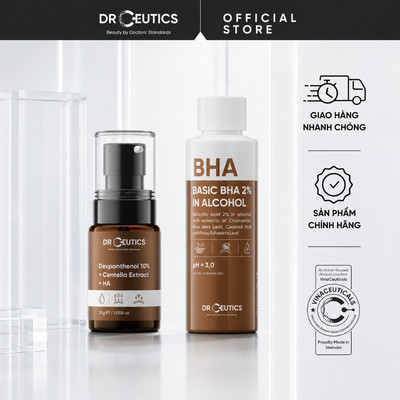 DRCEUTICS Chu Trình Tẩy Tế Bào Chết Hóa Học Và Hỗ Trợ Phục Hồi Basic BHA 2% In Alcohol 100ml + Dexpanthenol 10% 30g