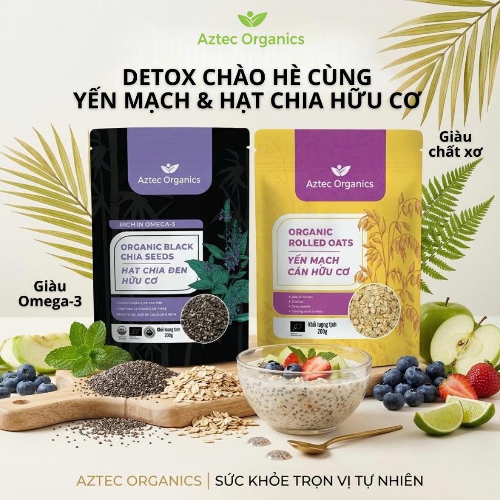 Combo Hạt Chia & Yến Mạch Hữu Cơ Aztec Organics 200g - Chia Seed Organic/Rolled Oats Organic
