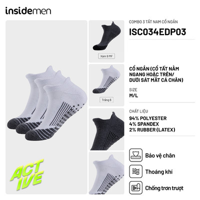 [COMBO 3 ĐÔI] Tất Vớ Nam Insidemen cổ ngắn có Lớp đệm xù êm ái, thoáng khí, co giãn ôm chân ISC034EDP03