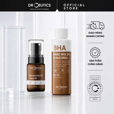 DRCEUTICS Chu Trình Tẩy Tế Bào Chết Hóa Học, Kiểm Soát Dầu Thừa Basic BHA 2% In Alcohol 100ml + B3 12% NAG 5% 30g