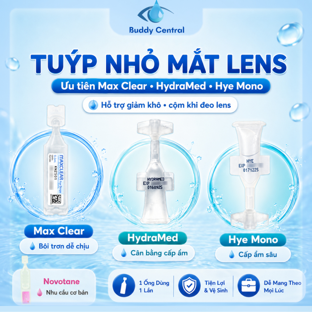 Nhỏ Mắt Lens Kính Áp Tròng Tuýp Đơn Liều MaxClear, HydraMed, HYE Mono, Novotane – Không Chất Bảo Quả