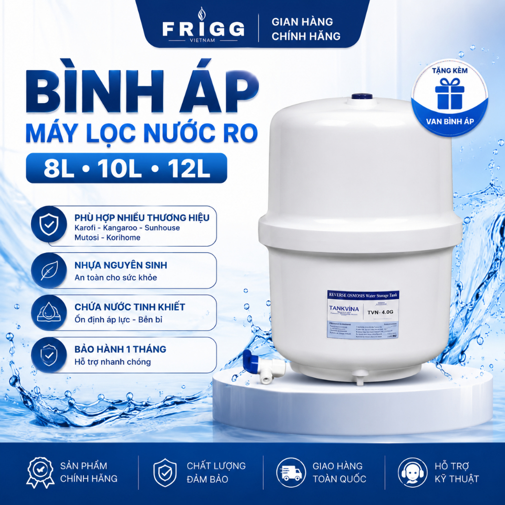Bình Áp Máy Lọc Nước RO 8L, 10L, 12L Cho Karofi Kangaroo Sunhouse Mutosi Korihome | Tặng Van Bình Áp