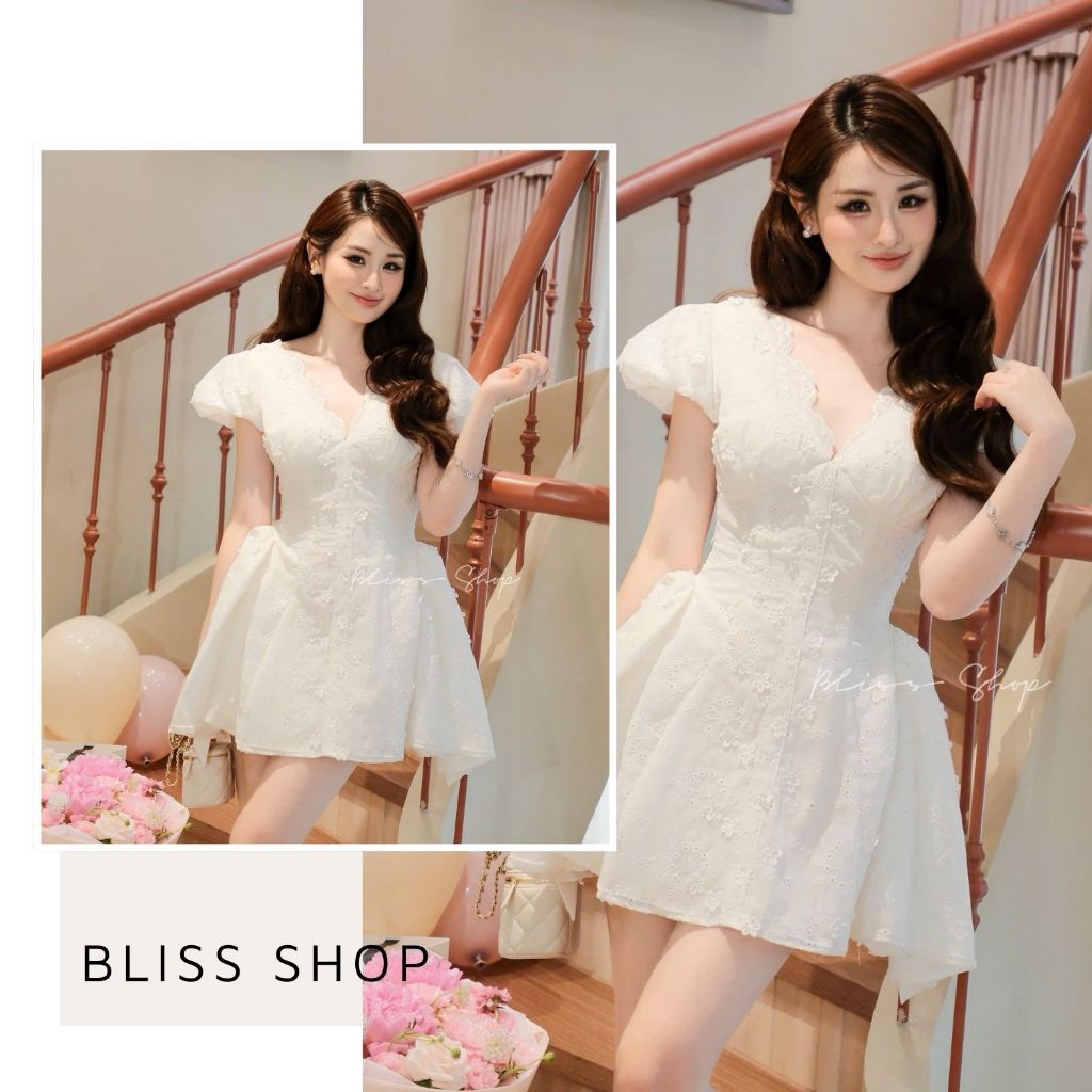 [Summer 2026] Đầm Váy Tay Bồng Xòe Cổ V Phối Ren Form Ngắn Nhẹ Nhàng Tiểu Thư Bliss Shop - V940