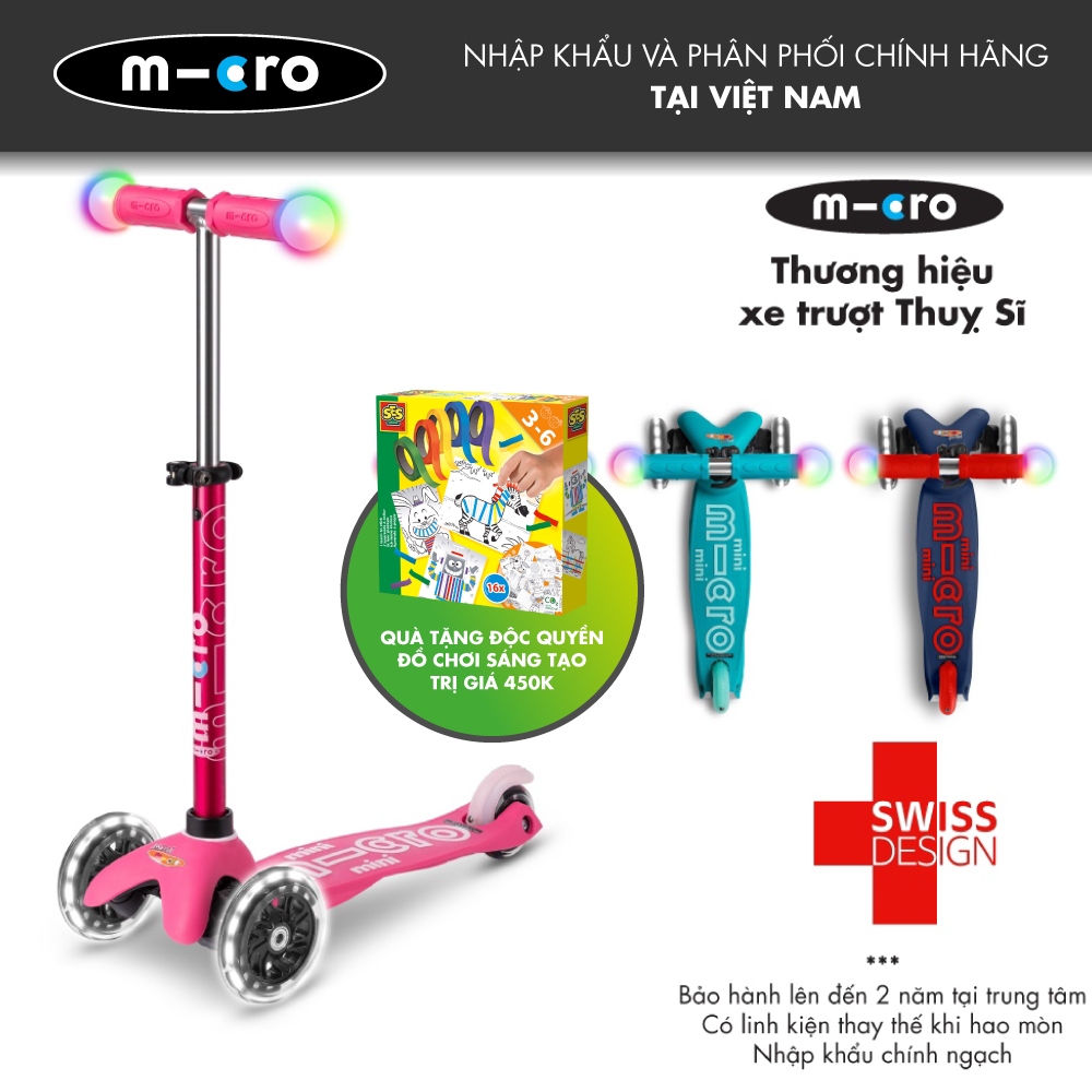 Xe scooter Micro Mini Deluxe Magic Aqua - Phiên bản tay lái + bánh xe đèn LED - Thương hiệu Thụy Sĩ