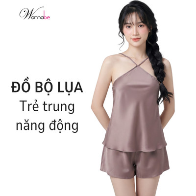 Đồ bộ mặc nhà lụa WANNABE bộ đùi nữ cổ yếm 2 dây khoe vai trần mặc cùng quần short đơn giản BSS64