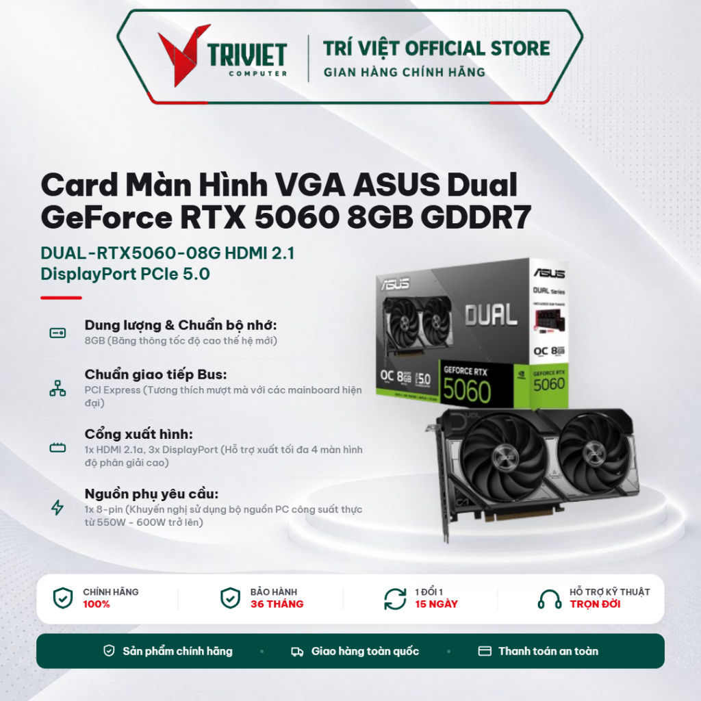 Card Màn Hình VGA ASUS Dual GeForce RTX 5060 8GB GDDR7 DUAL-RTX5060-08G HDMI 2.1 DisplayPort PCIe 5.