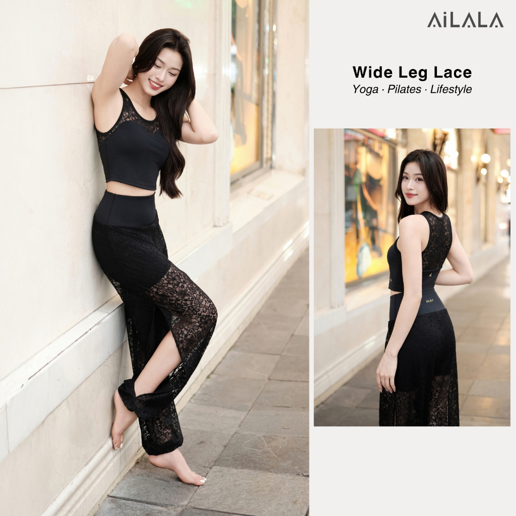 AiLALA LUX02 Bộ Đồ Tập Yoga Pilates Nữ, Áo Croptop Dài Có Đệm, Quần Ống Rộng Cạp Cao, Size S-XL