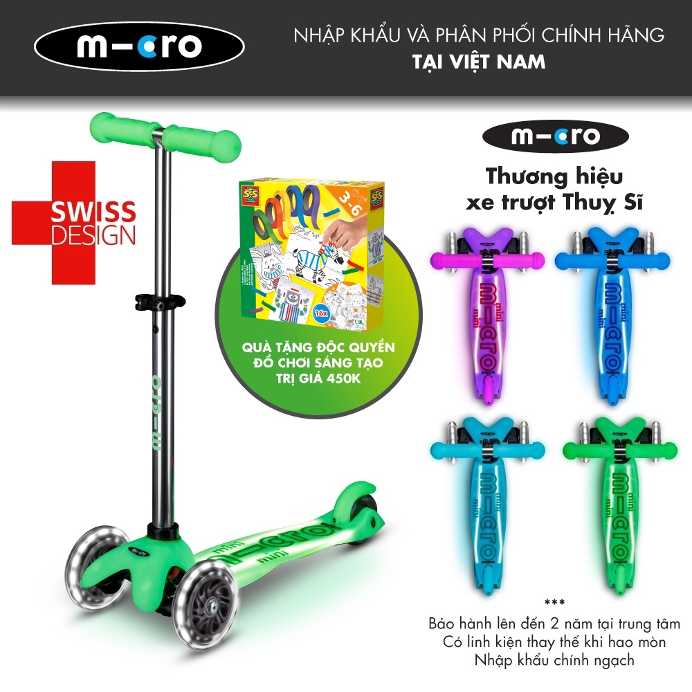 Xe scooter Micro Mini Deluxe LED Glow Plus cho bé 2-5 tuổi, hiệu ứng dạ quang - Thương hiệu Thụy Sĩ