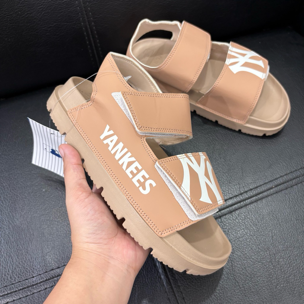 Dép sandal nữ MLB màu nâu cam, sandal học sinh yankee quai dán đẹp Fullbox