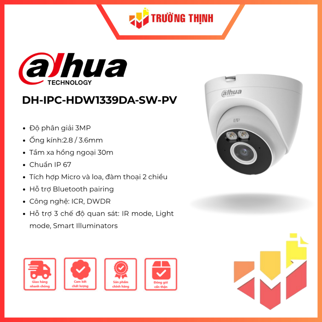 Camera Wifi Turret 3MP DAHUA DH-IPC-HDW1339DA-SW-PV | 3MP | Đàm thoại 2 chiều | Tích hợp Mic | IP 67