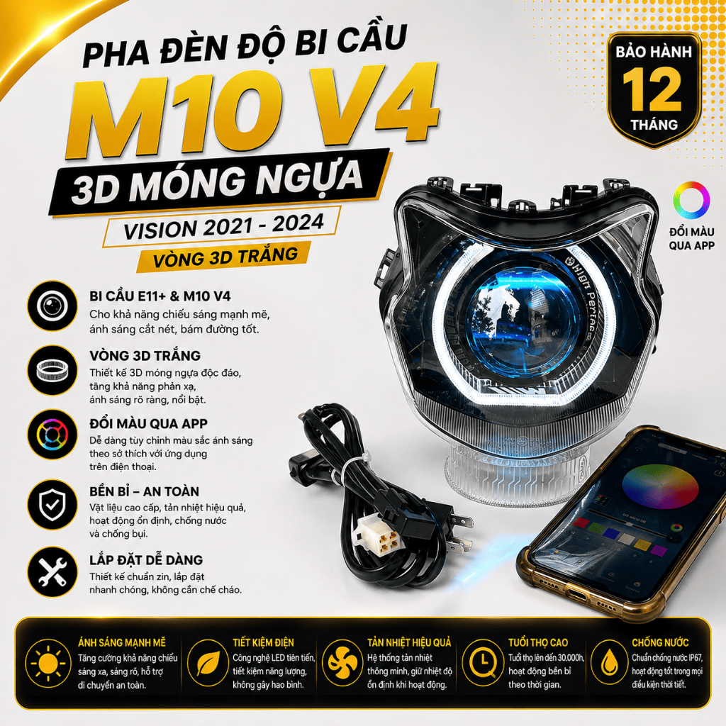 Pha Đèn Độ Bi Cầu M10 V4 3D Móng Ngựa Vision 2021-2024 Đổi Màu Qua App Điện Thoại Cho Vision Gắn Zin