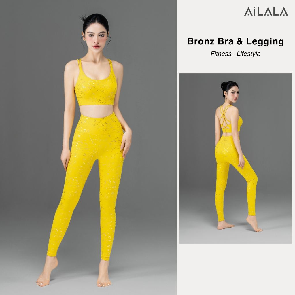 AiLALA LUX99 Bộ Đồ Tập Yoga Pilates Nữ, Áo Bra Có Đệm, Quần Legging Cạp Cao Phối Nhũ, Size S–XL