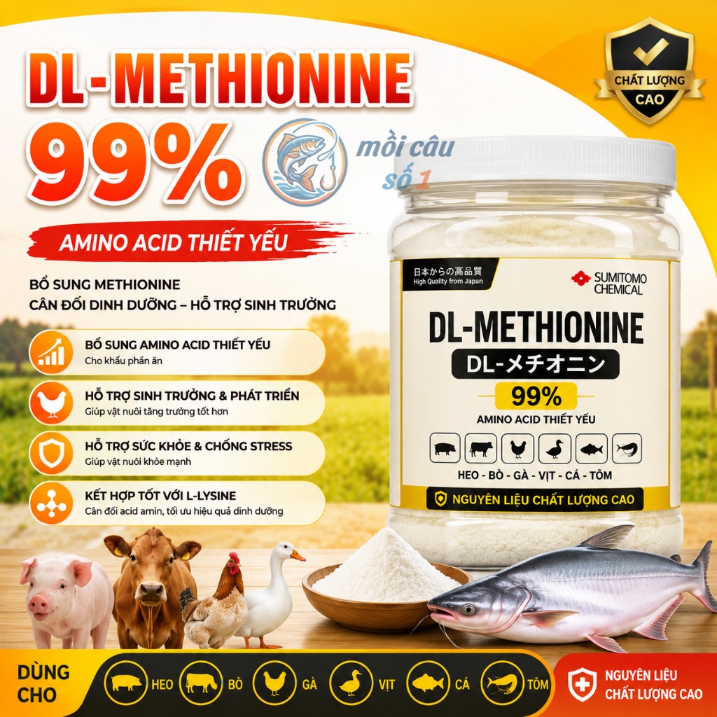 DL-Methionine 99% - Amino Acid hỗ trợ sinh trưởng, cân đối dinh dưỡng cho Heo, Bò, Gà, Tôm, Cá | Chă