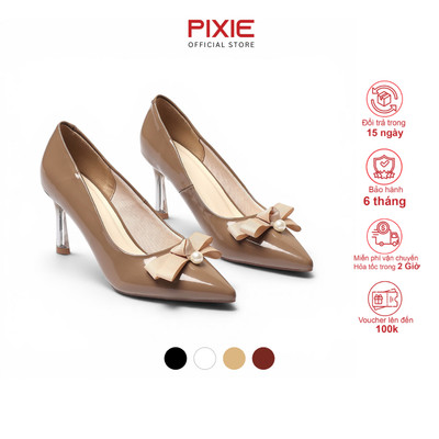 Giày Cao Gót Nữ 7cm Da Bóng Phối Nơ Đính Ngọc Thời Trang Pixie H476