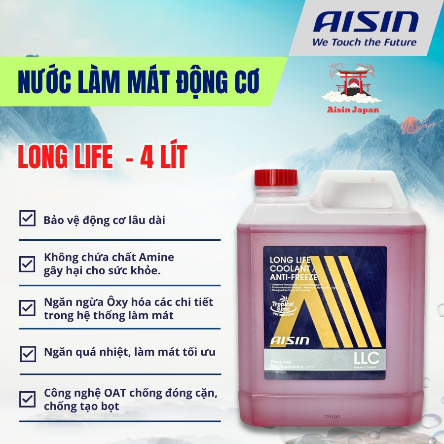 Aisin Nước Làm Mát Đỏ 4 Lít Long Life Chống Đông Ethylene Glycol Chất Lượng Cao Bảo Vệ Chống Ăn Mòn 