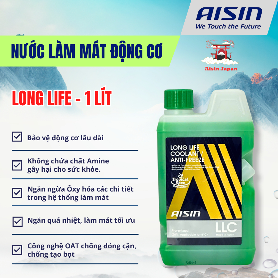 Aisin Nước Làm Mát Xanh Lá 1 Lít Long Life Chống Đông Ethylene Glycol Chất Lượng Cao Bảo Vệ Động Cơ 