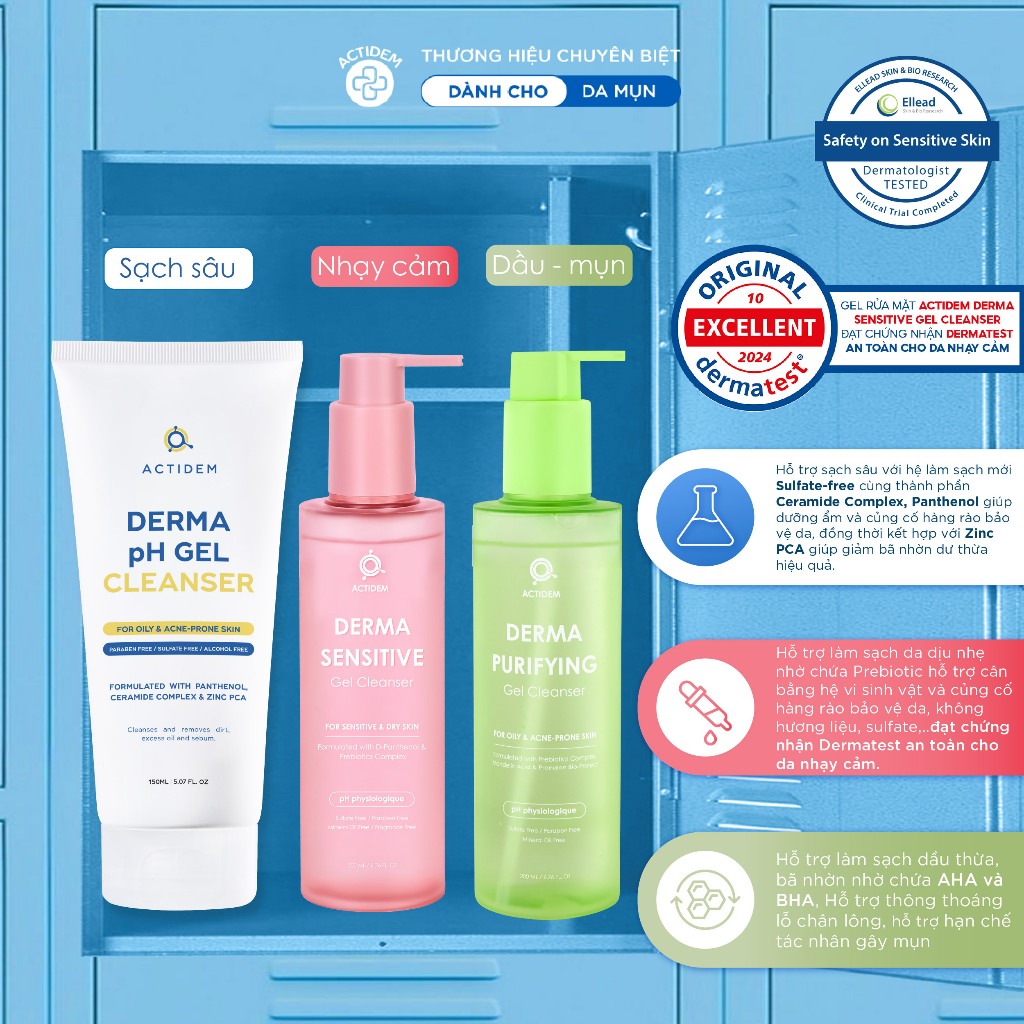 Gel rửa mặt cho da dầu, nhạy cảm, da hỗn hợp Actidem Derma pH/Sensitive/Purifying Gel Cleanser 30/150/200ml