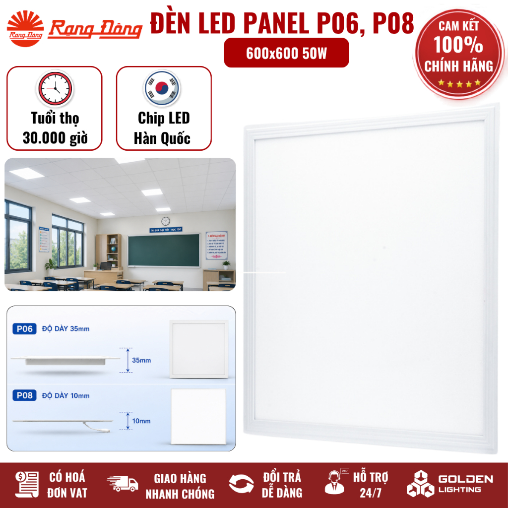 [Rạng Đông] Đèn LED panel vuông tấm lớn P06, P08 600x600/50W Chip LED Hàn Quốc tuổi thọ cao