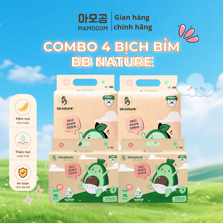 [BB Nature] COMBO 4 Tã bỉm BB Nature Đủ Size mềm mại mỏng nhẹ thấm hút tốt cho bé