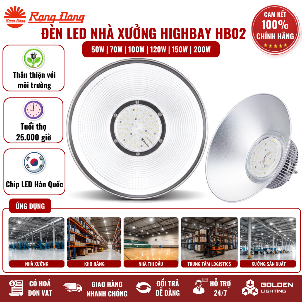 [Rạng Đông] Đèn LED nhà xưởng Highbay HB02 50W, 70W, 100W, 120W, 150W, 200W Ánh sáng Trắng