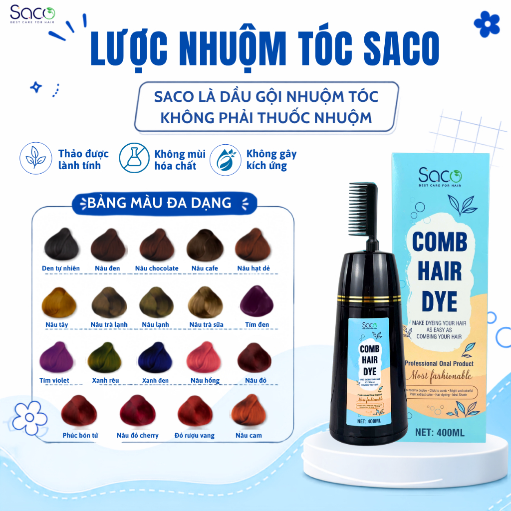 Dầu gội nhuộm tóc SACO (400ml), lược nhuộm tóc giúp nhuộm đổi màu tóc không cần tẩy lên màu nhanh, tiết kiệm thời gian