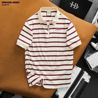 Áo polo nam HEBOZ striped zipper 3M form slim fit, áo thun cotton dệt sọc ngang cao cấp - 00003291