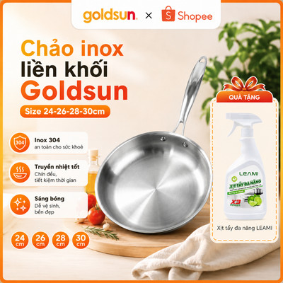 [KÈM QUÀ TẶNG] Chảo inox 304 Nguyên Khối Goldsun GPA1471 - Size 24, 26, 28, 30cm Dùng Cho Mọi Loại Bếp