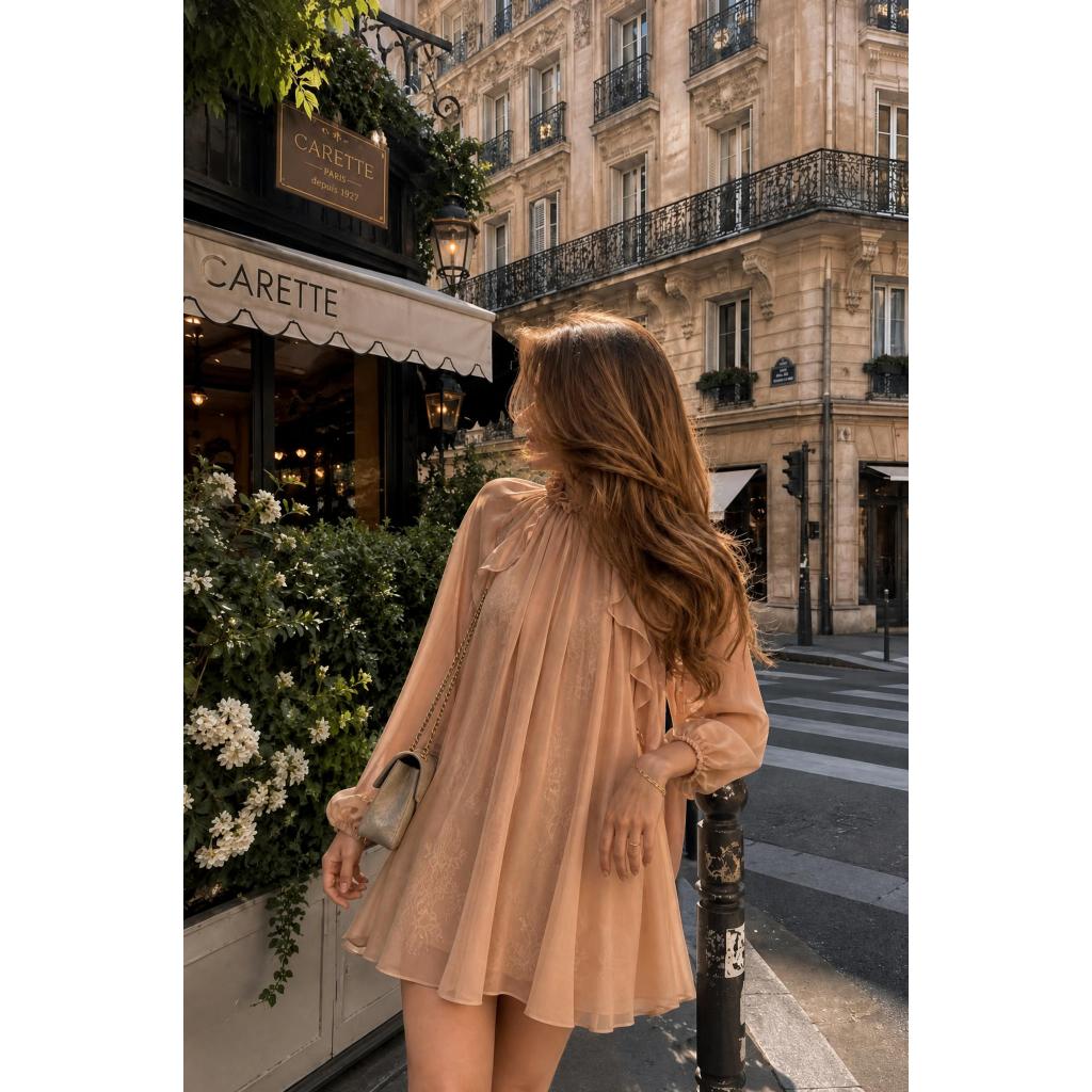 ONONMADE Isolde Dress – Đầm Mini Ren Choàng Voan Xếp Ly