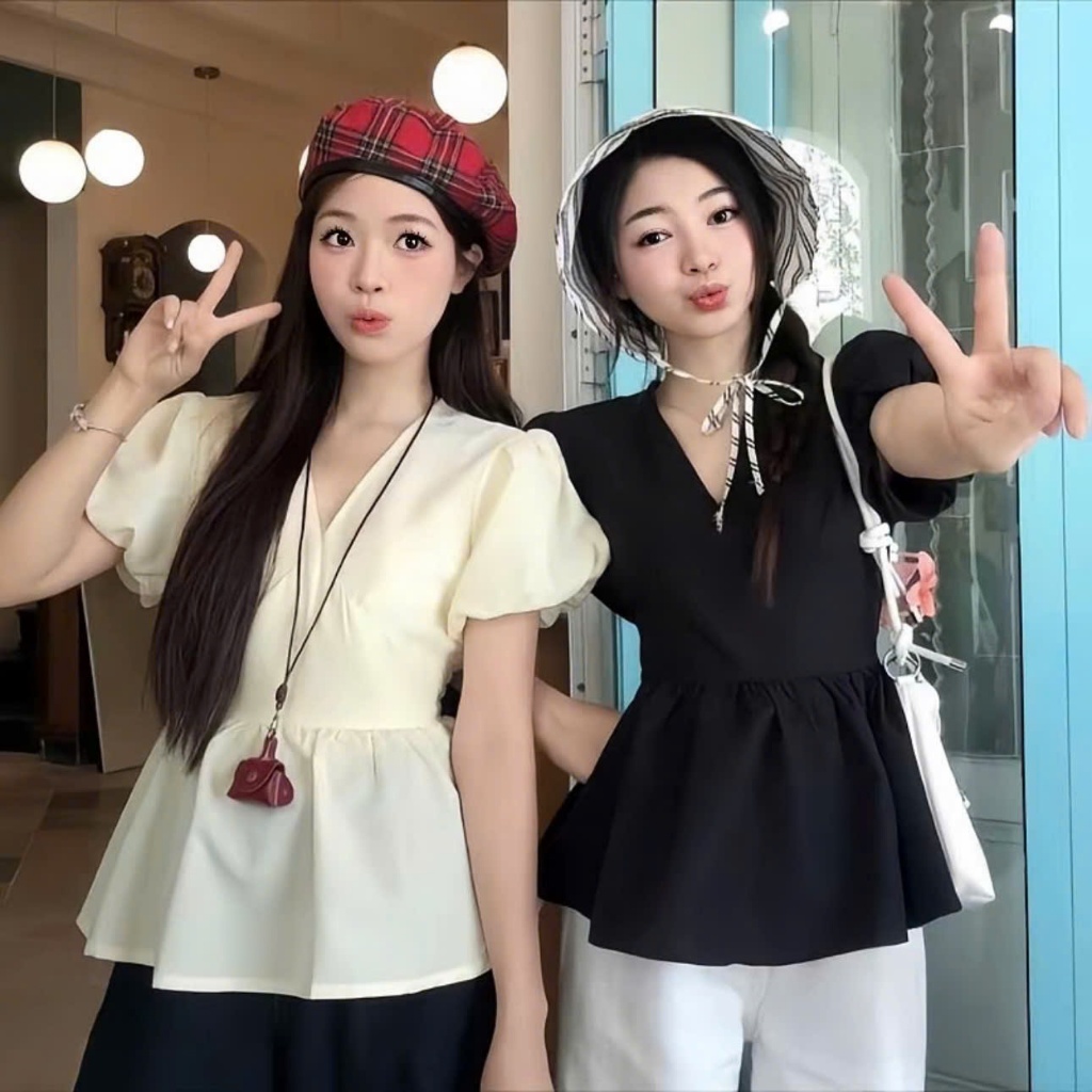 [BÈO BÉO BIGSIZE ] ÁO KIỂU BABYDOLL CỔ V TAY BỒNG CHIẾT EO FORM 60-120KG A027