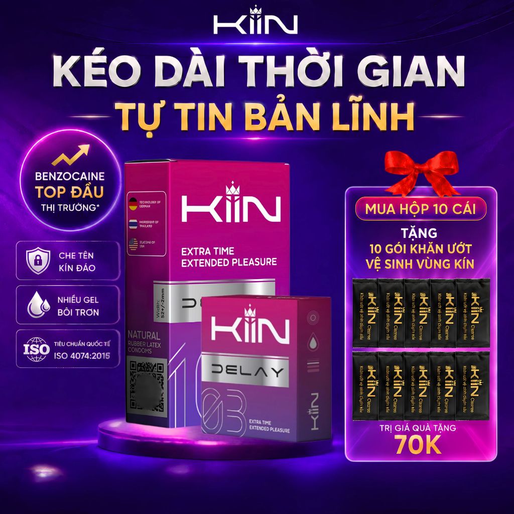 [#1 KÉO DÀI 30-60PH] Bao Cao Su Kéo Dài Thời Gian Kiin Delay, Gân Gai Cổ Thắt Nhiều Gel Siêu Mỏng