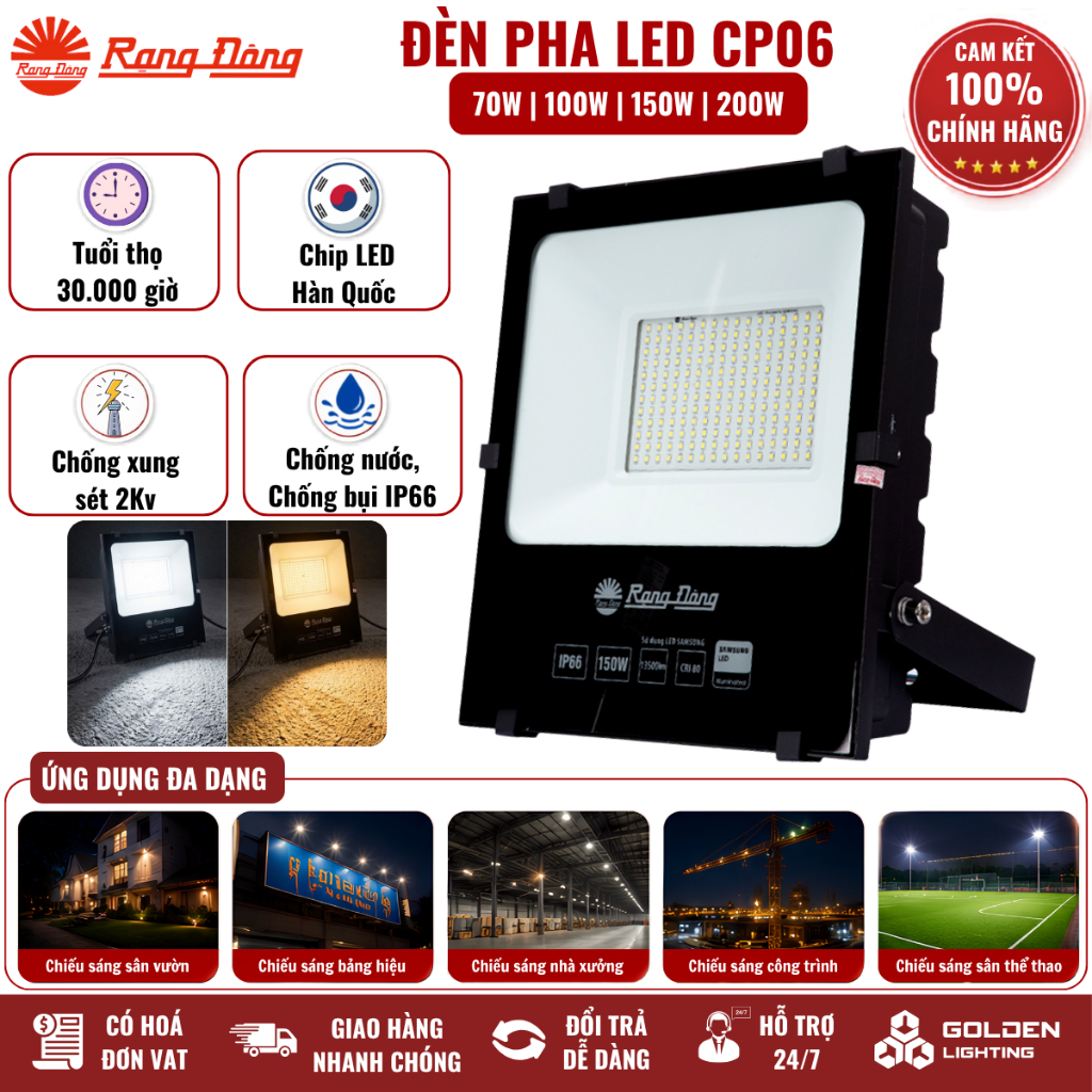 [Rạng Đông] Đèn LED chiếu pha CP06 70W, 100W, 150W, 200W Ánh sáng trắng, vàng Chống nước IP66