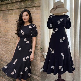 Đầm Midi cổ thuyền eo cao lưng thun lai phối bèo _ D4.919